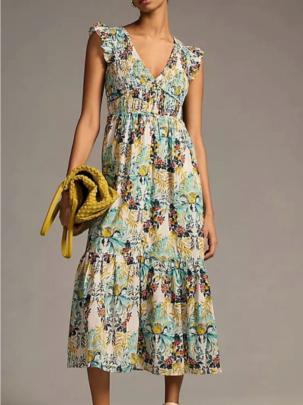 Anthropologie Floral Tiered Midi Dress in Cream, Teal & Yellow